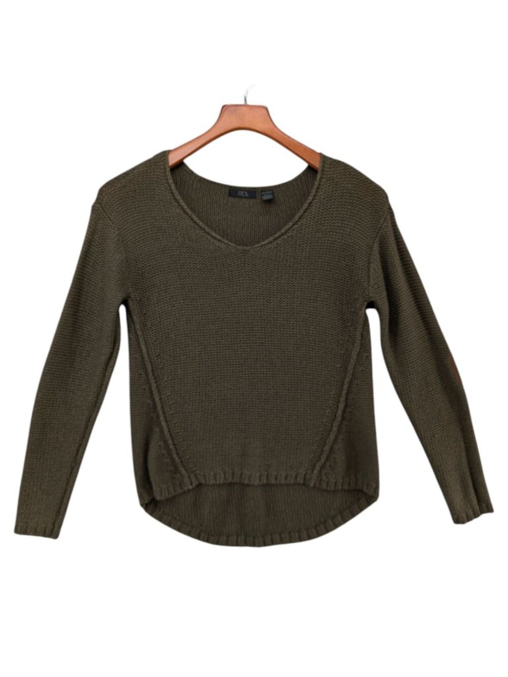 RDI Tunic Sweater Womens Olive Green Elbow Patch V Neck Dolman Pullover Size XS